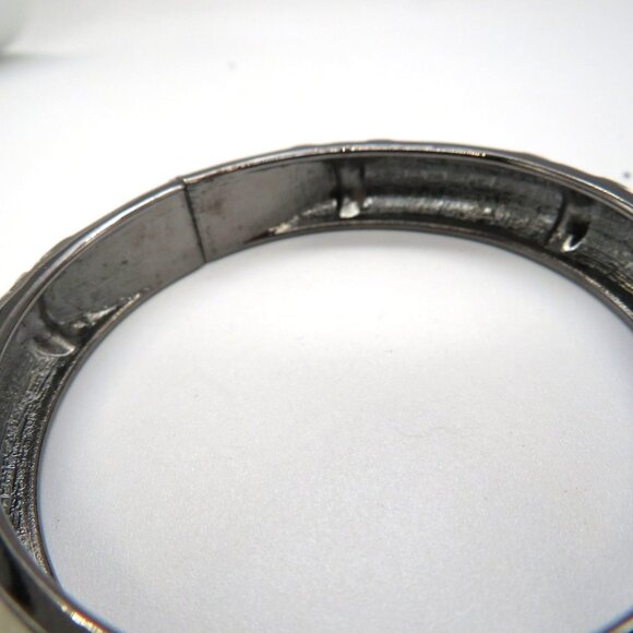 Enamel Bracelet Cream Gun Metal Gray Hinged Bangle Clear Rhinestone Accents - Picture 8 of 12